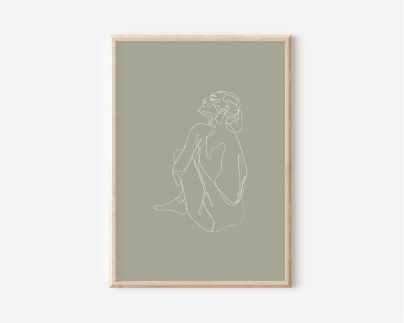 Sage Green Woman Line Art Seated Figure Feminine Sketch Print