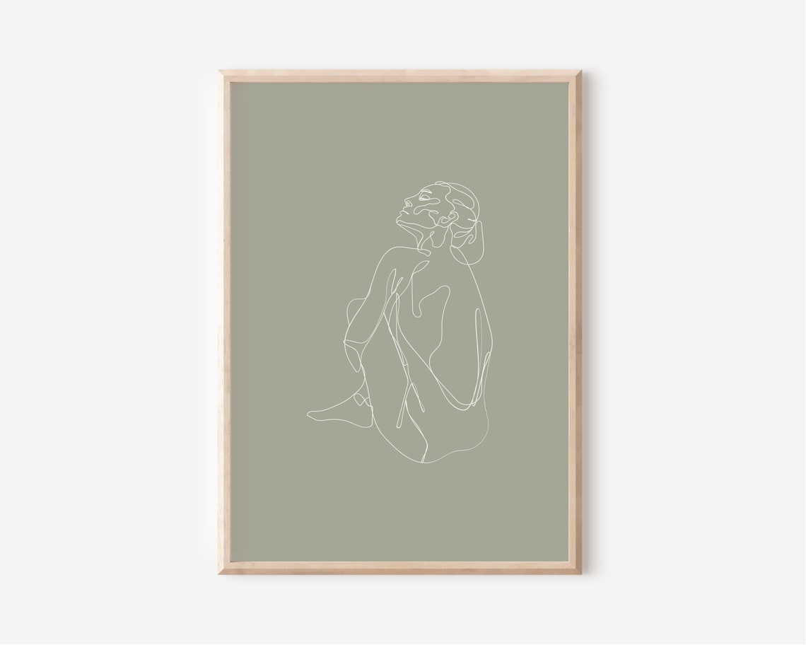 Sage Green Woman Line Art Seated Figure Feminine Sketch Print