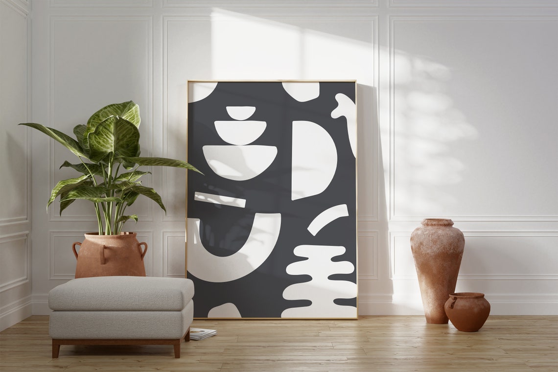 Dark Grey Abstract Organic White Shapes Modern Minimalist Art Poster - Image 5