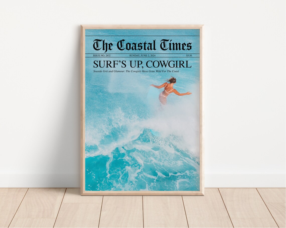 The Coastal Times Surfs Up Cowgirl Newspaper Surf Beach Poster - Image 2