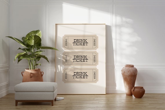 Drink Ticket Print Retro Ticket Print Beige Drinks Print Trendy Ticket Wall Art Bar Cart Print Pink Ticket Print Wall Art