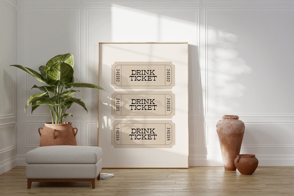 Drink Ticket Vintage Stub Beige Retro Bar Cart Decor Art Poster