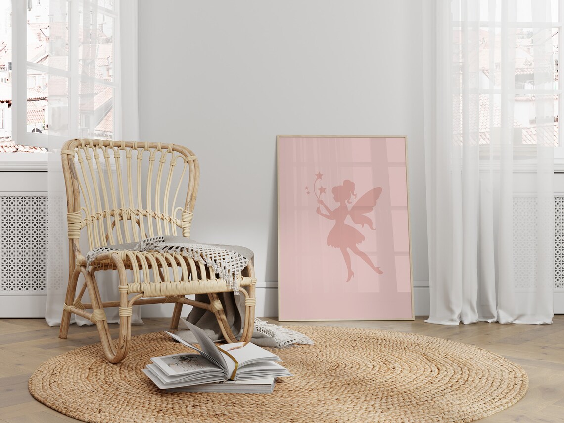 Pink Fairy Silhouette With Wand and Stars Nursery Girls Bedroom Poster - Image 4