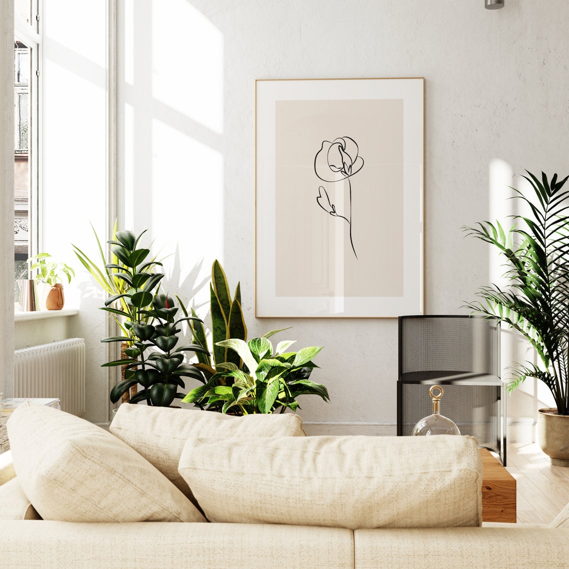 Single Line Rose Bloom Drawing Beige Minimalist Floral Decor Poster - Image 4