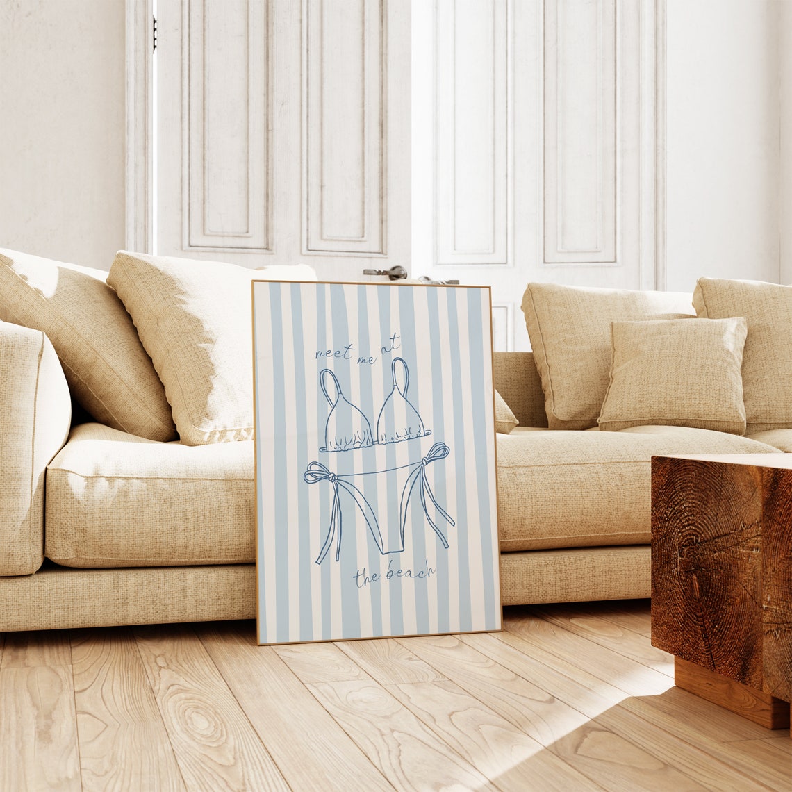 Meet Me At The Beach Blue Bikini Striped Coastal Summer Wall Poster - Image 4