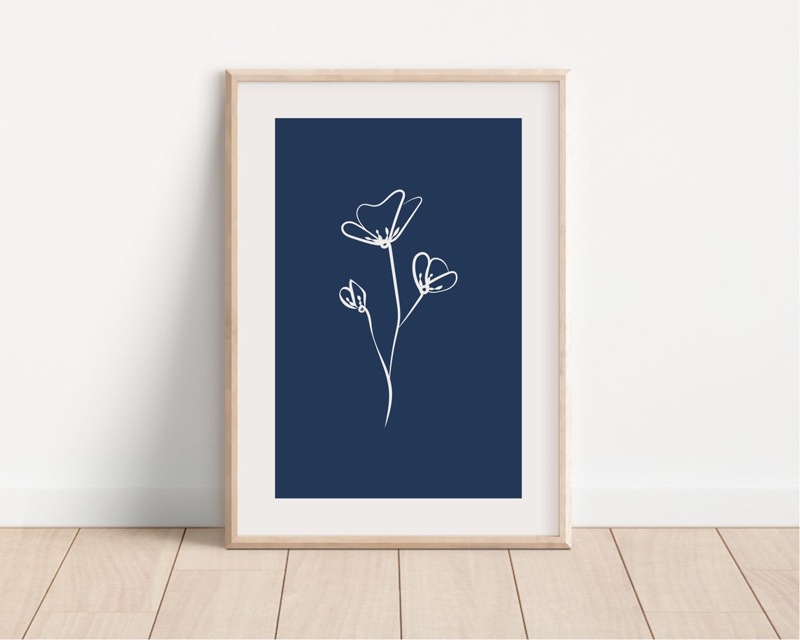 Navy Blue Botanical Poster White Three Bloom Sprig Line Art Design - Image 2
