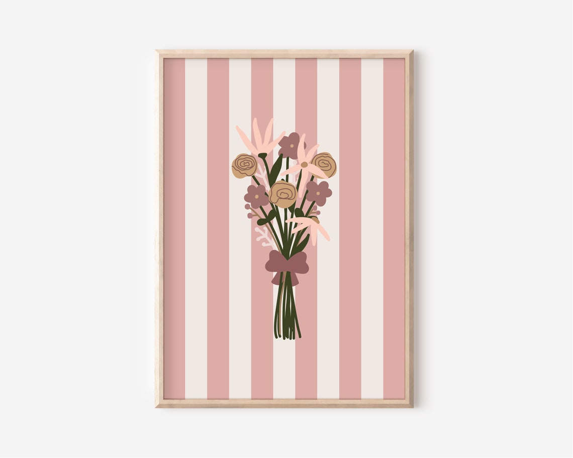 Bunch Of Flowers Print Stripey Wall Art Girls Nursery Print Girls Room Wall Art Flower Print Dusky Pink Decor Wall Art - Image 2
