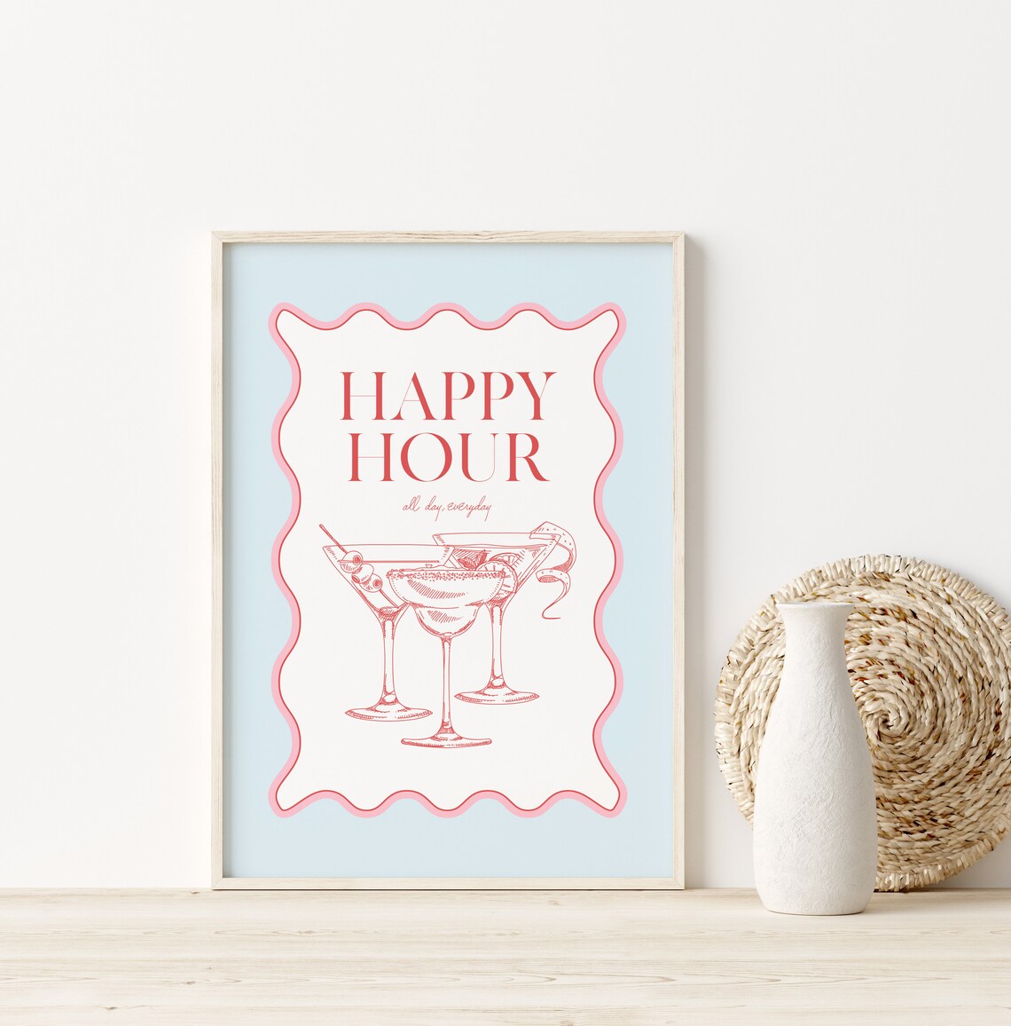 Happy Hour All Day Everyday Cocktail Bar Cart Retro Decor Poster