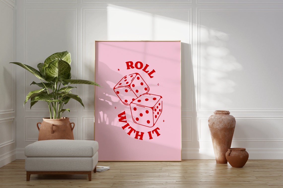 Roll With It Lucky Dice Retro Red Pink Trendy Dorm Room Poster - Image 3