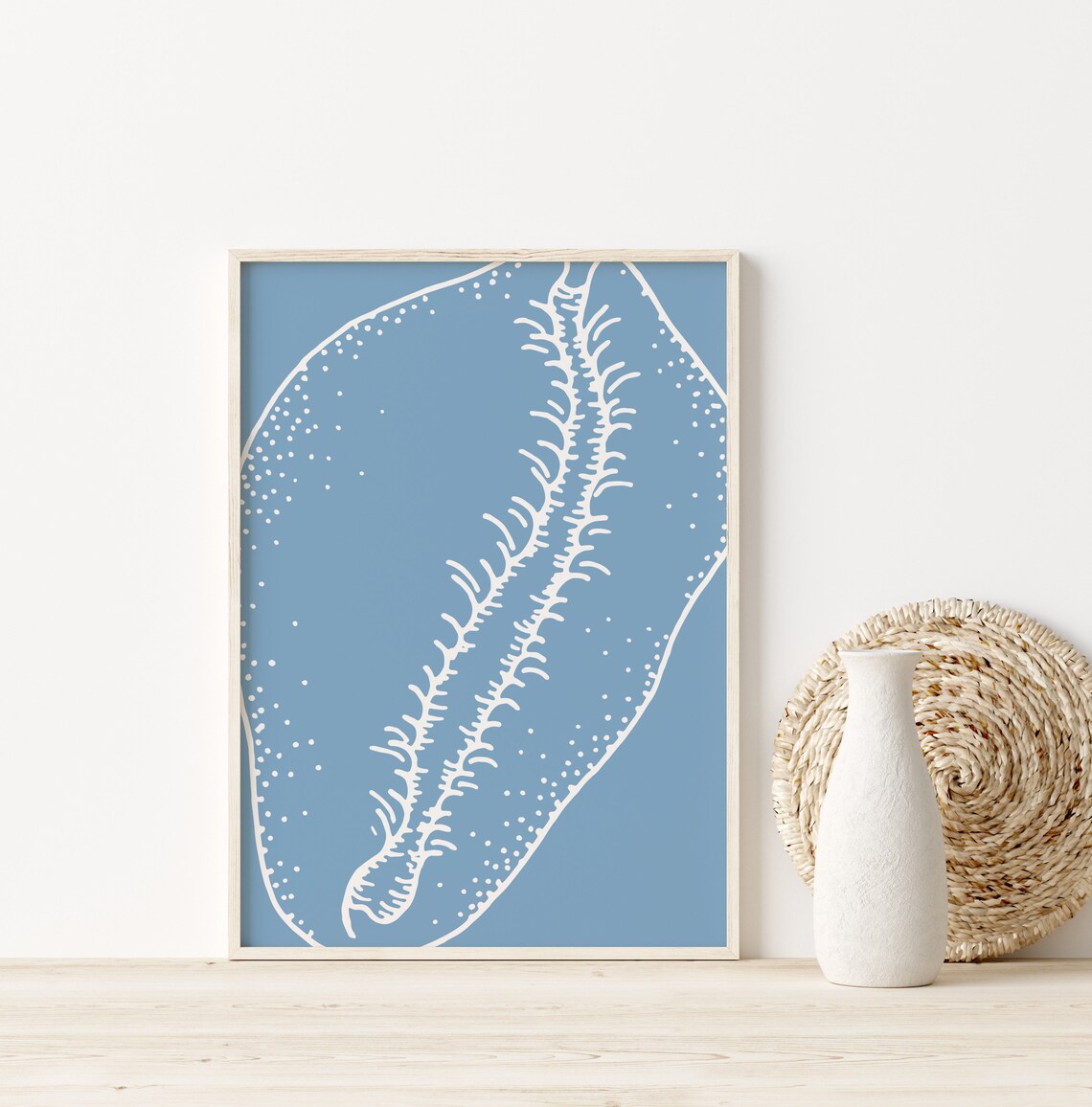 Blue Seashell White Line Illustration Coastal Ocean Art Poster - Image 2