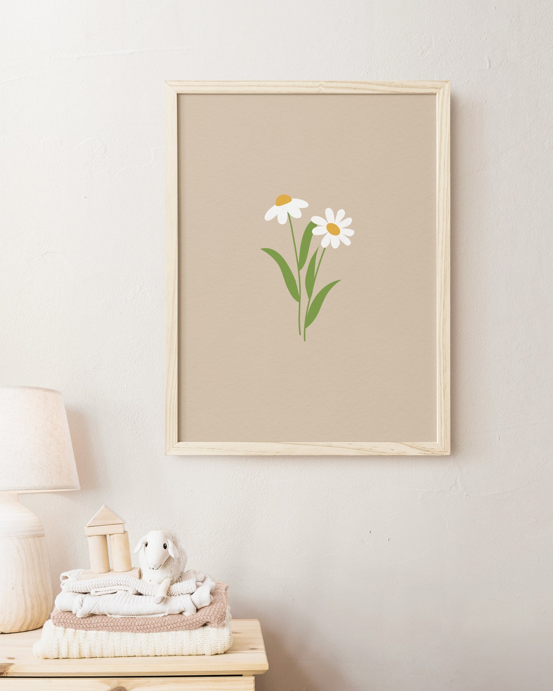 Beige Twin Daisy Minimal Floral Nursery Neutral Decor Poster - Image 2