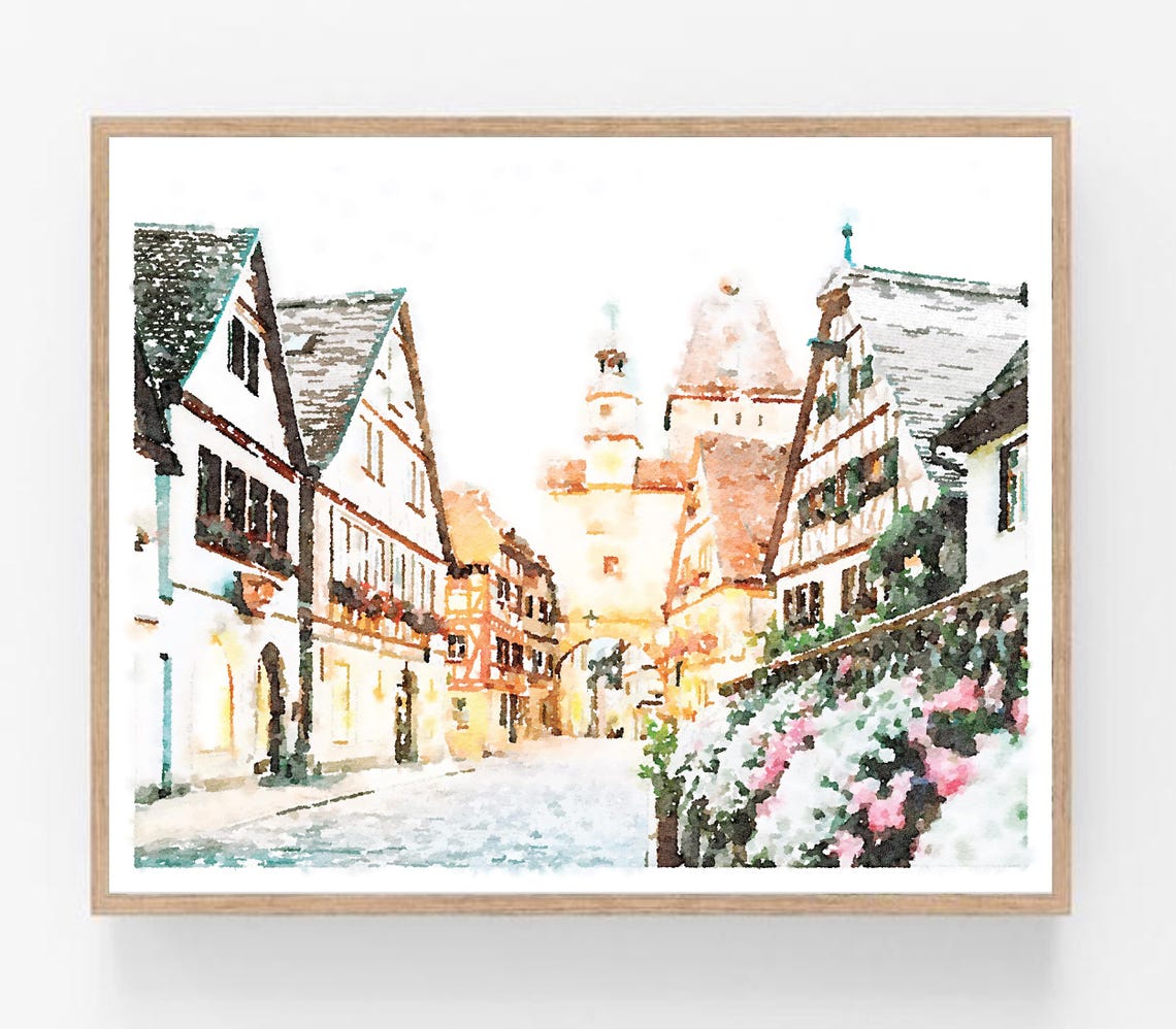 Rothenburg Ob Der Tauber Germany Wall Art Old Village Painting Watercolor Print Travel German 5x7 8x10 11x14 16x20 18x24
