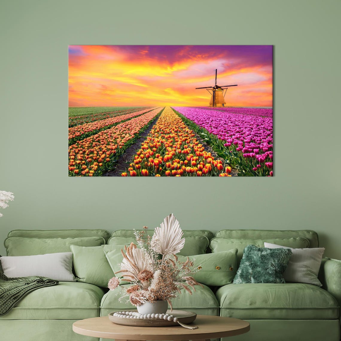 Tulip Field Sunset With Windmill Colorful Flower Landscape Poster