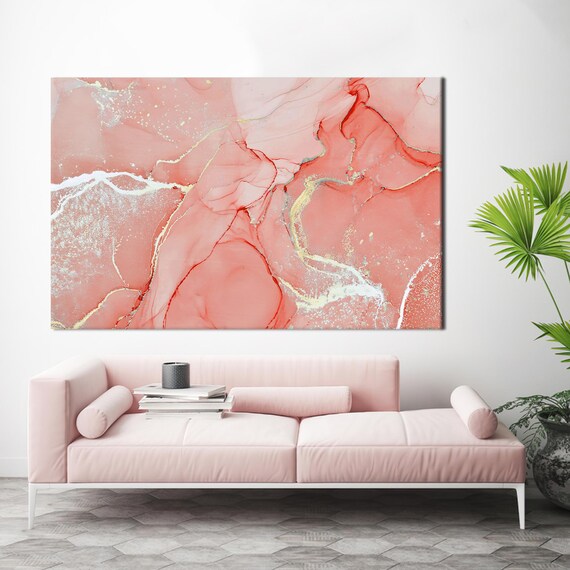 Coral Pink Marble Abstract Art With Gold Veins Modern Poster