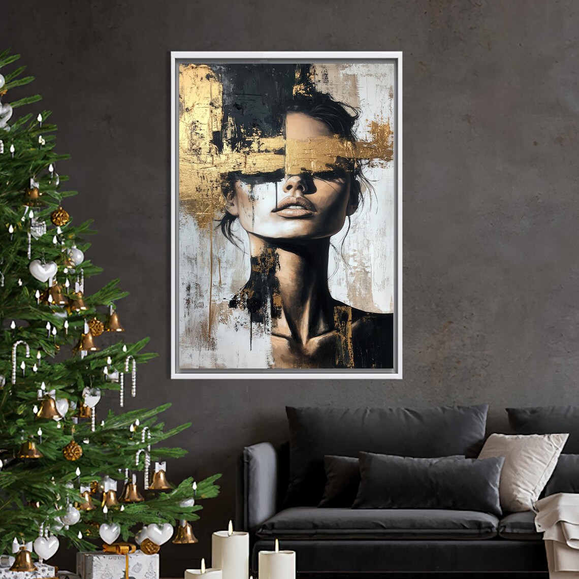 Striking Golden Black Abstract Woman Portrait Modern Art Poster