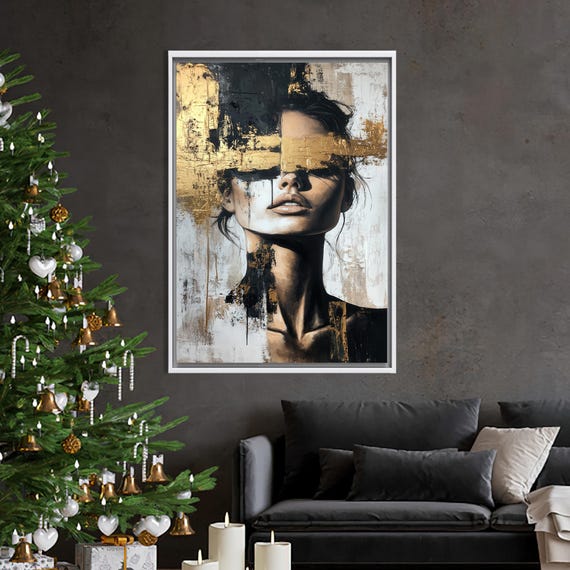 Golden Woman Portrait Canvas Art Modern Black Gold Wall Decor