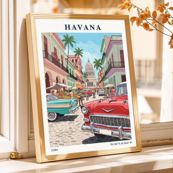 Havana Vintage Car Poster Red Teal Gouache Cuban Art