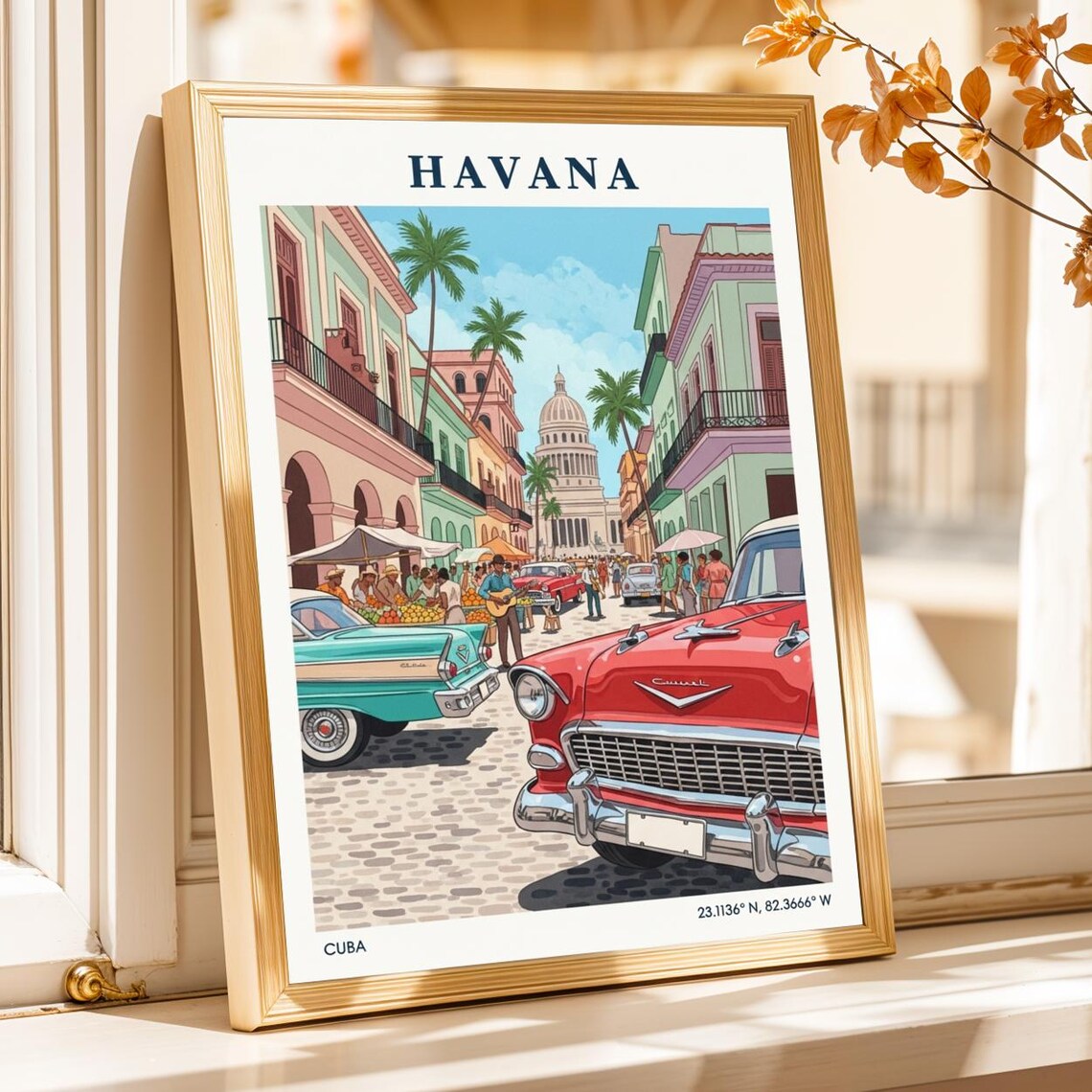 Havana Cuba Vintage Classic Cars Cobblestone Street Travel Poster