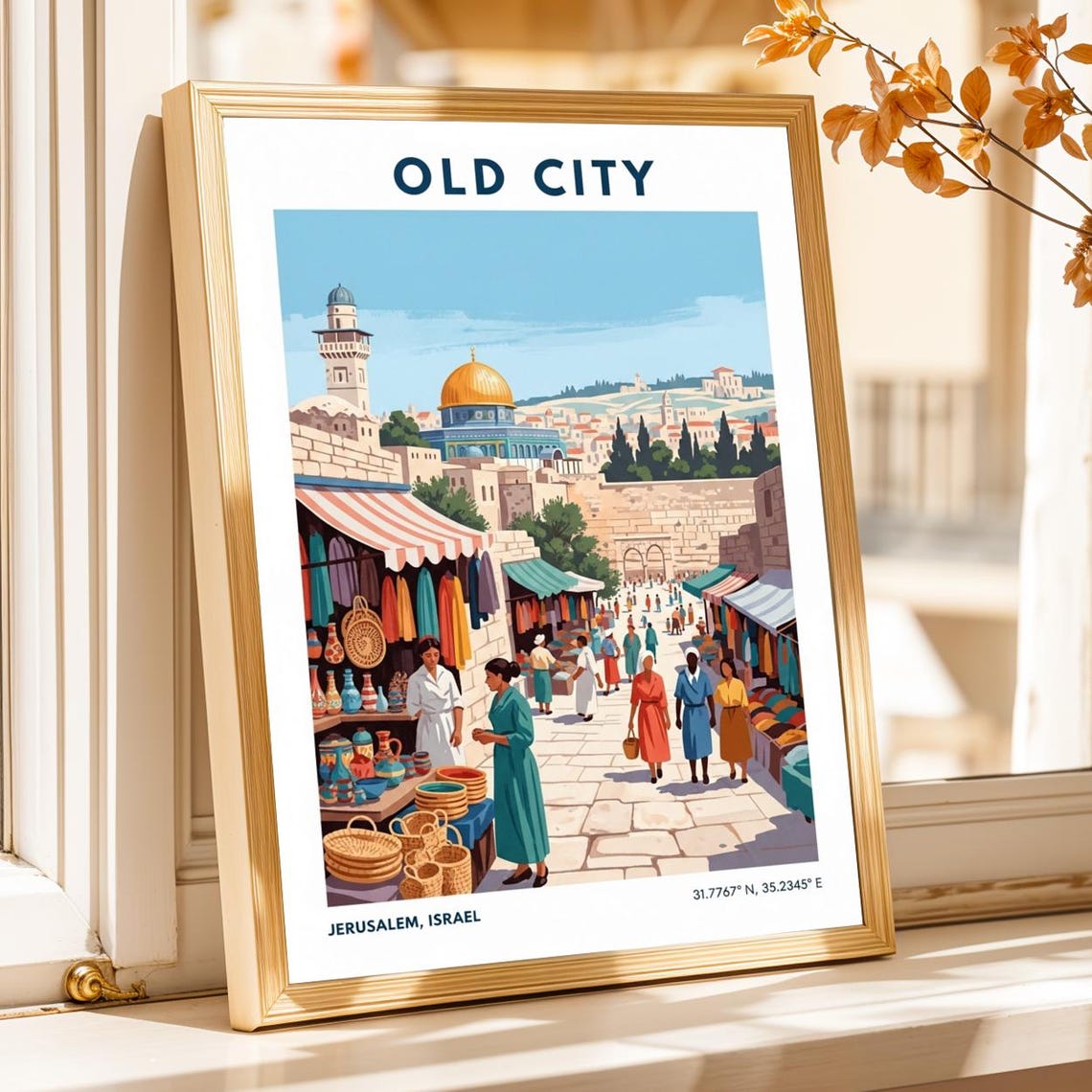 Jerusalem Old City Vintage Gouache Market Scene Travel Poster