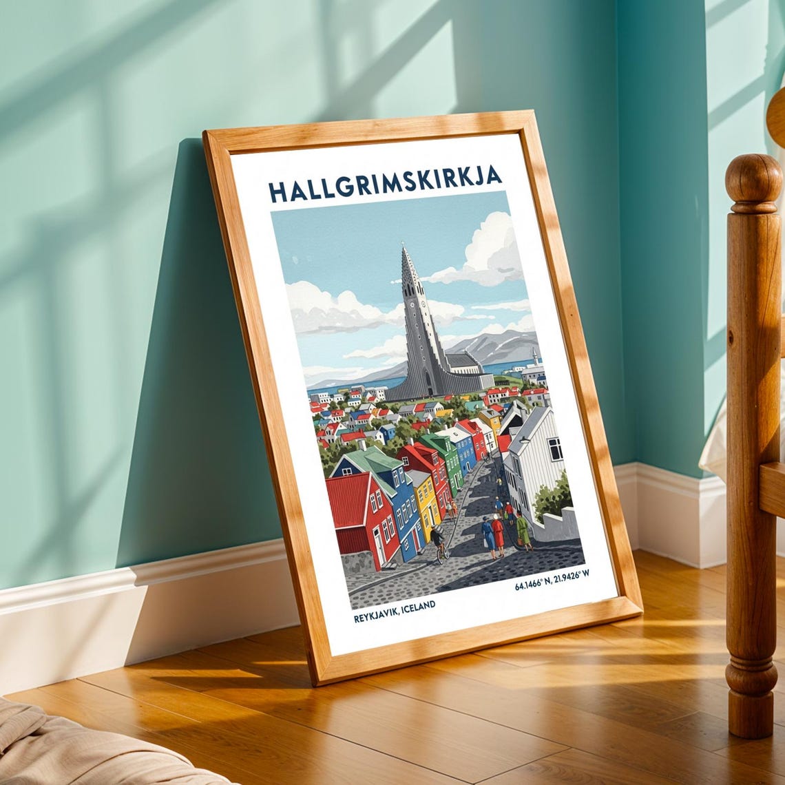 Hallgrimskirkja Reykjavik Iceland Colorful Old Town Travel Poster
