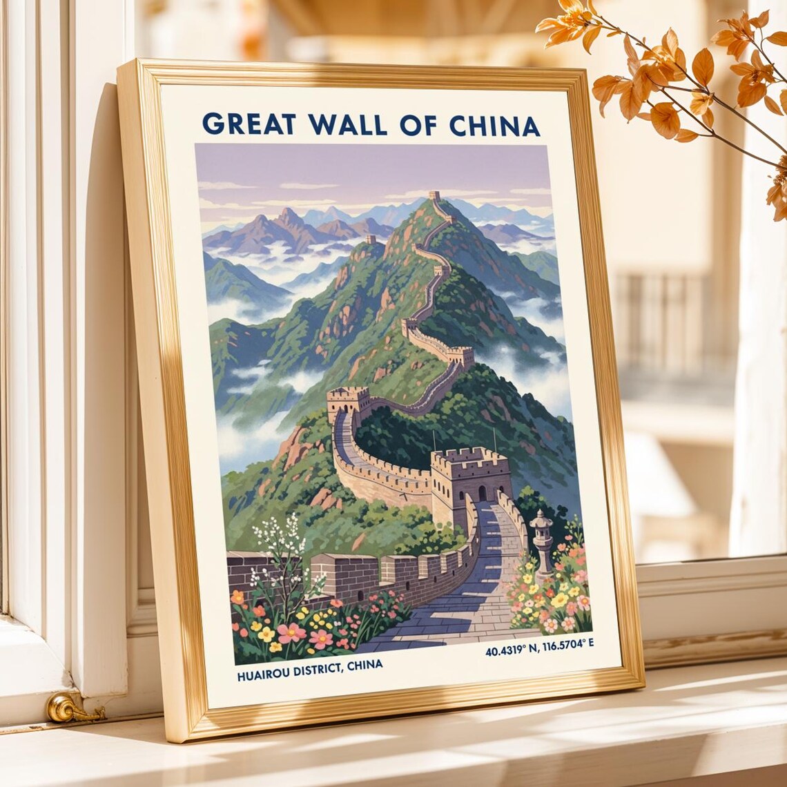 Great Wall of China Huairou Mountains Mist Retro Travel Art Poster