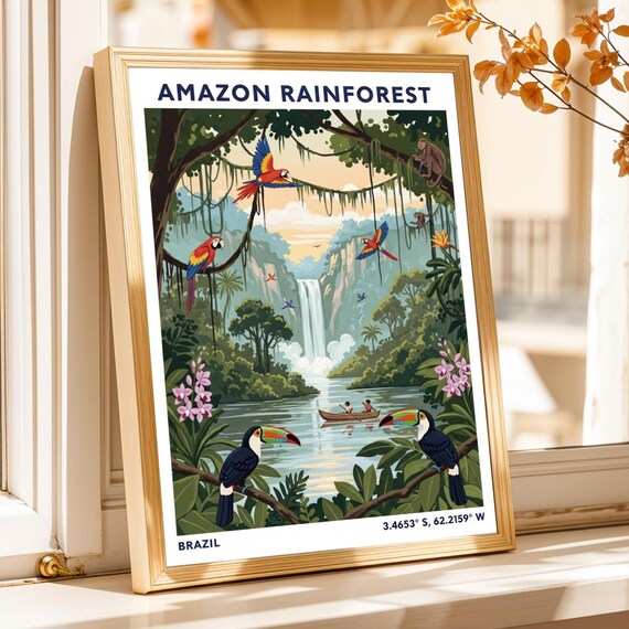 Amazon Rainforest Toucans Macaws Waterfall Brazil Wildlife Art Poster