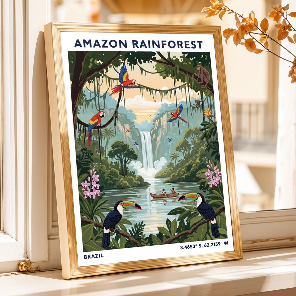 Amazon Rainforest Toucans Macaws Waterfall Brazil Wildlife Art Poster