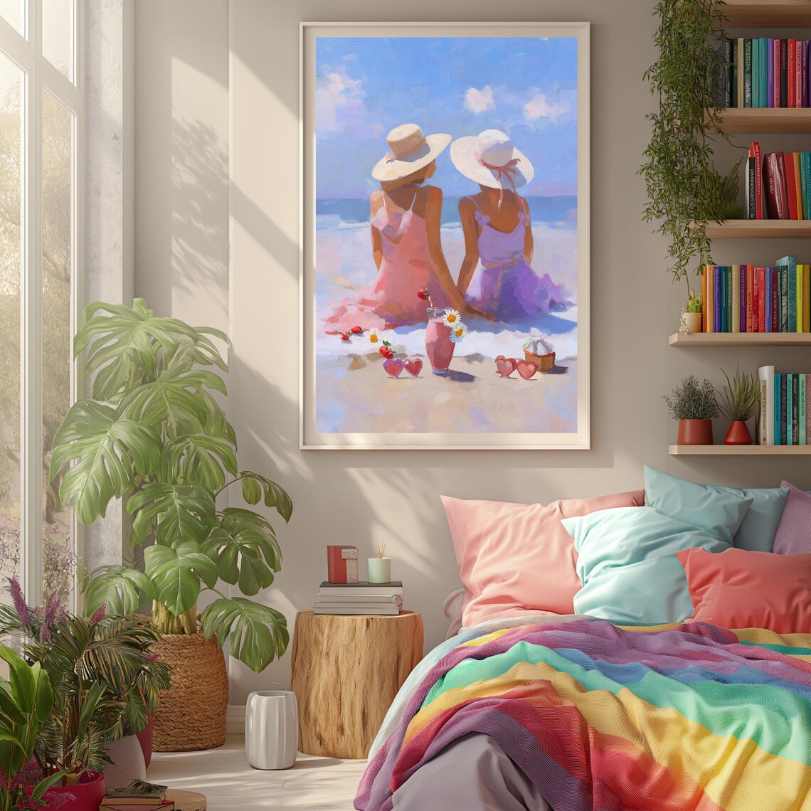 Two Friends in Sun Hats Watching the Sea Beach Friendship Poster
