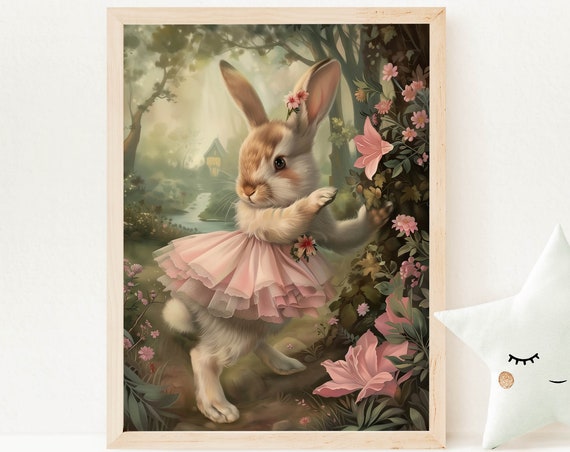 Ballerina Bunny Wall Art Pink Tutu Fairytale Print Cute Bunny Wallart Enchanted Forest Vintage Style Girl Nursery Decore Gift