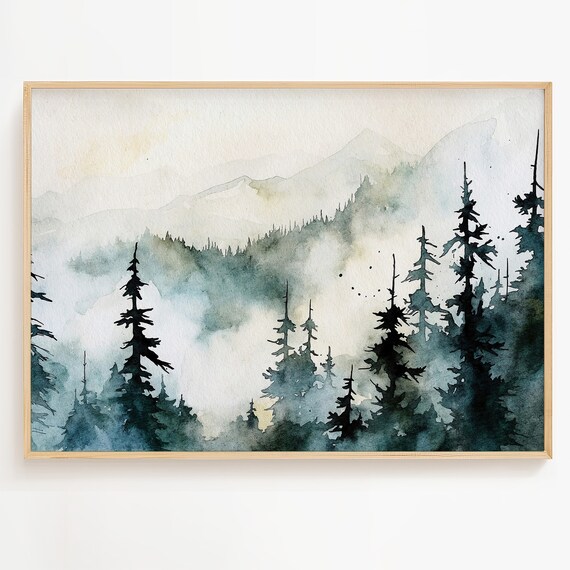 Misty Pine Forest Painting Appalachian Mountains Art Print Mountain Landscape Evergreen Trees Wall Art