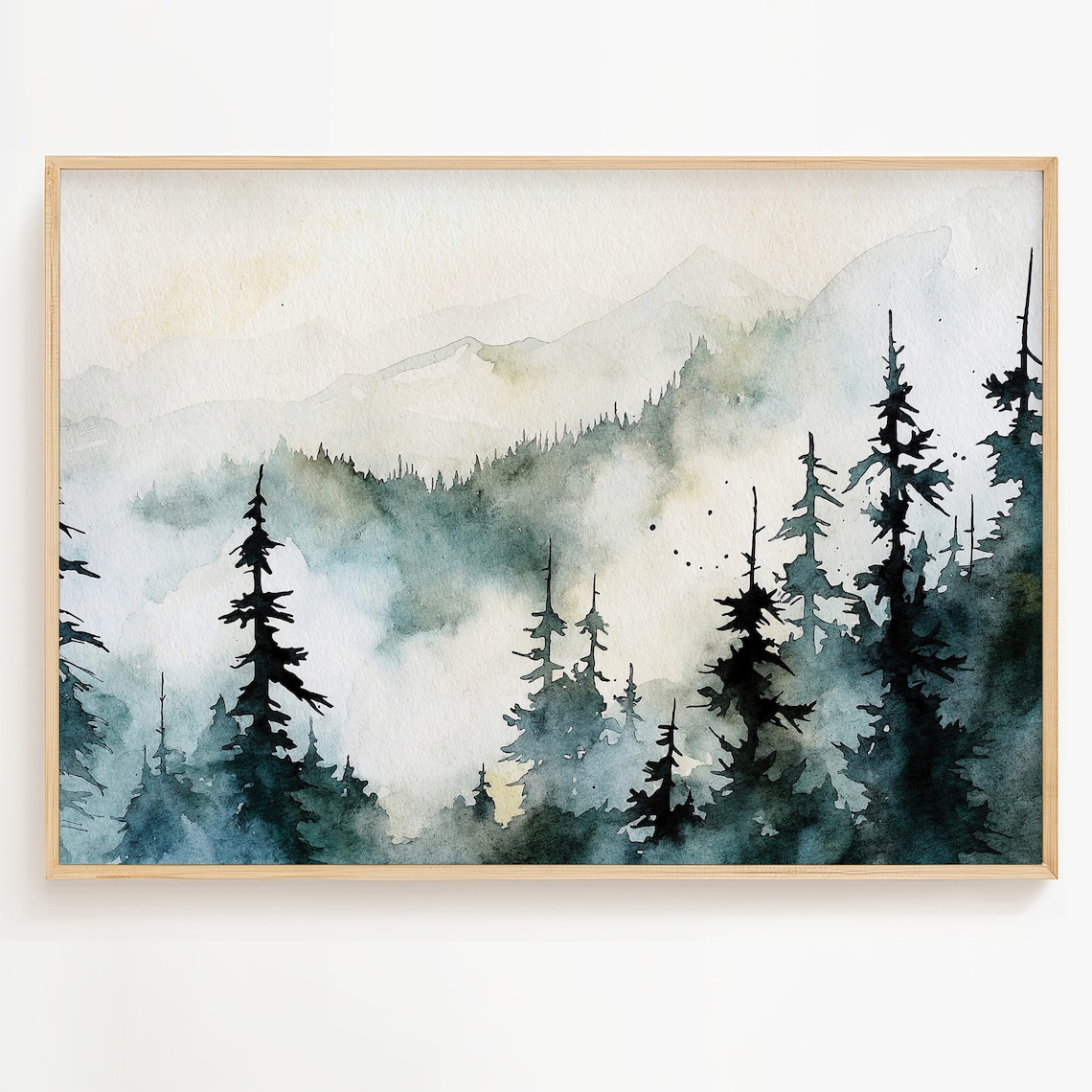 Dark Pine Forest Misty Mountain Fog Evergreen Watercolor Art Poster