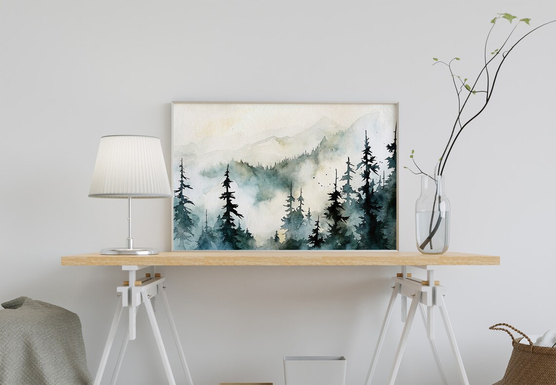 Misty Pine Forest Painting Appalachian Mountains Art Print Mountain Landscape Evergreen Trees Wall Art - Image 4