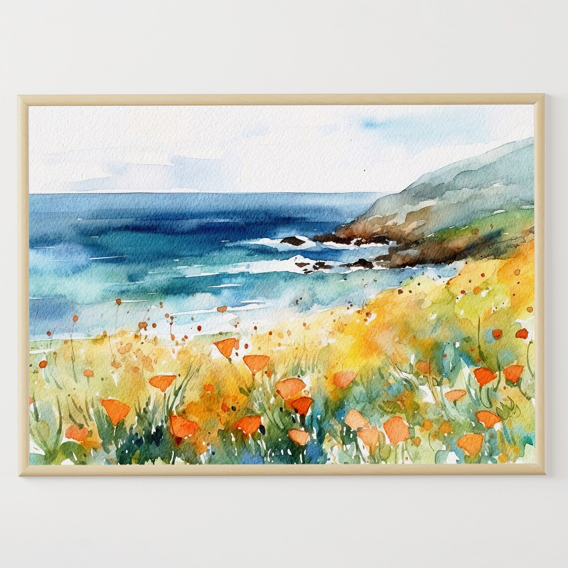 Big Sur California Poppy Landscape, Watercolor Art Print