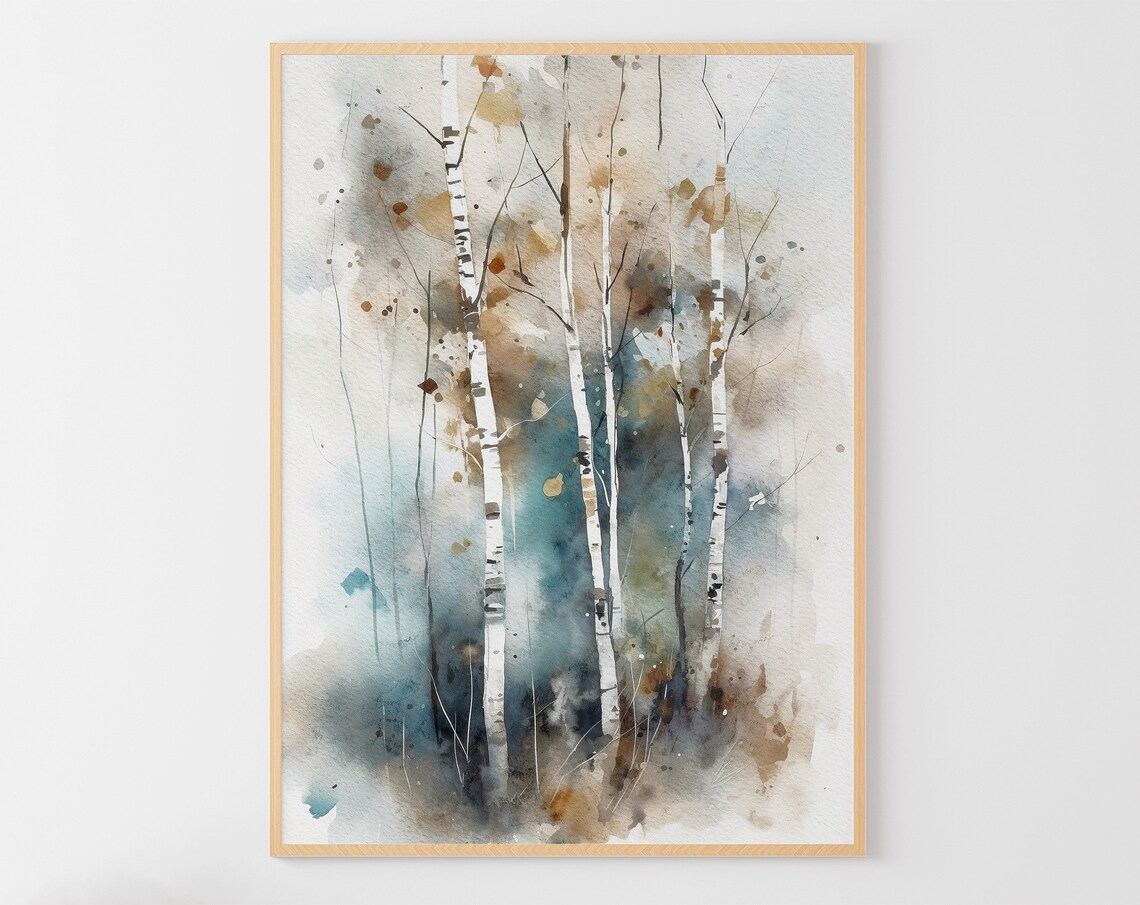 Birch Trees Watercolor, Autumn Landscape Art Print