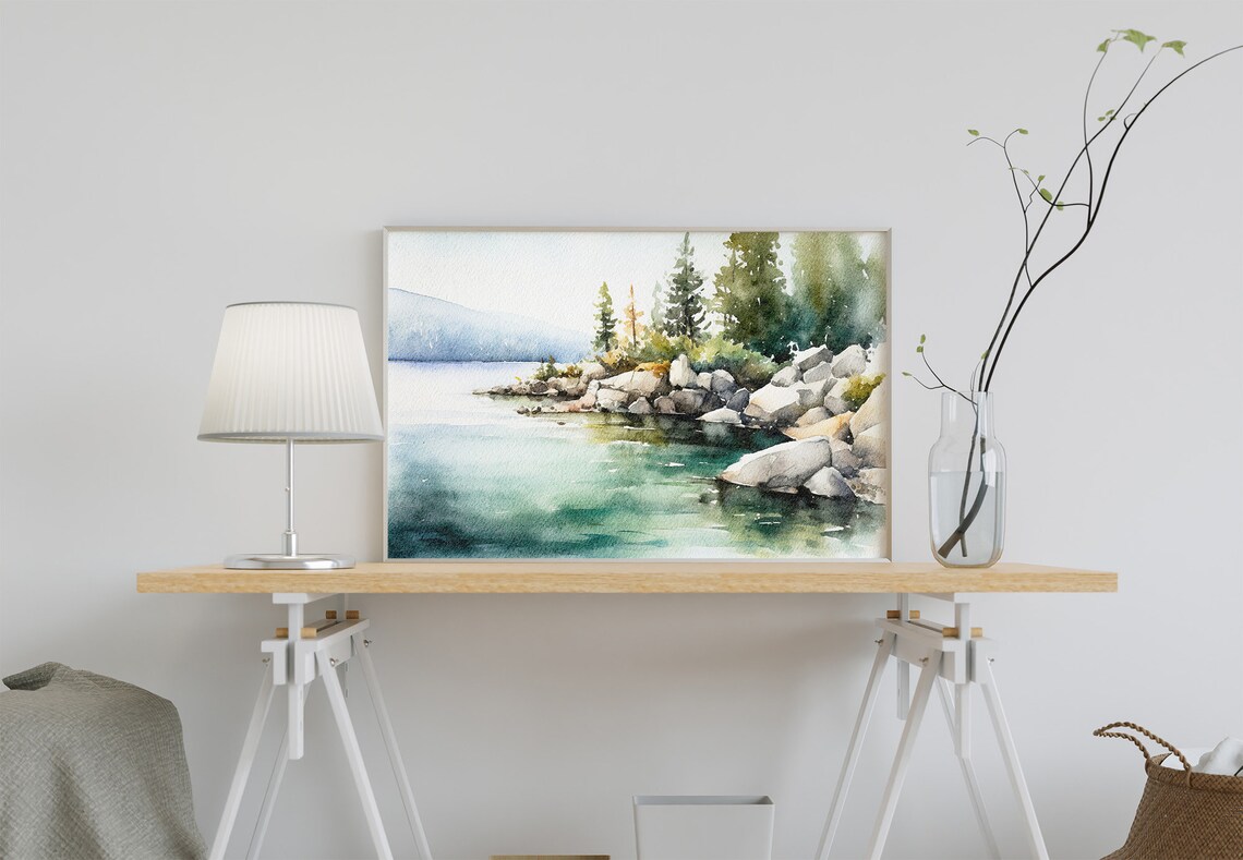 Lake Tahoe Watercolor Landscape, Mountain Lake Art Print - Image 3