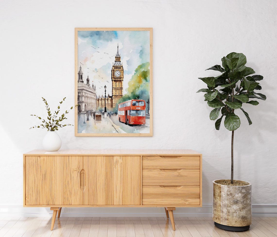 London Cityscape Watercolor Painting Big Ben Art Print England Cityscape Artwork Red Bus Art Travel Gifts - Image 2