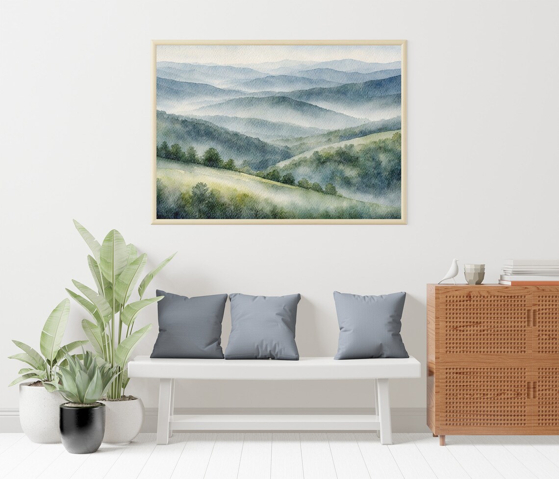 Smoky Mountains Misty Ridges Foggy Forest Watercolor Landscape Poster - Image 2