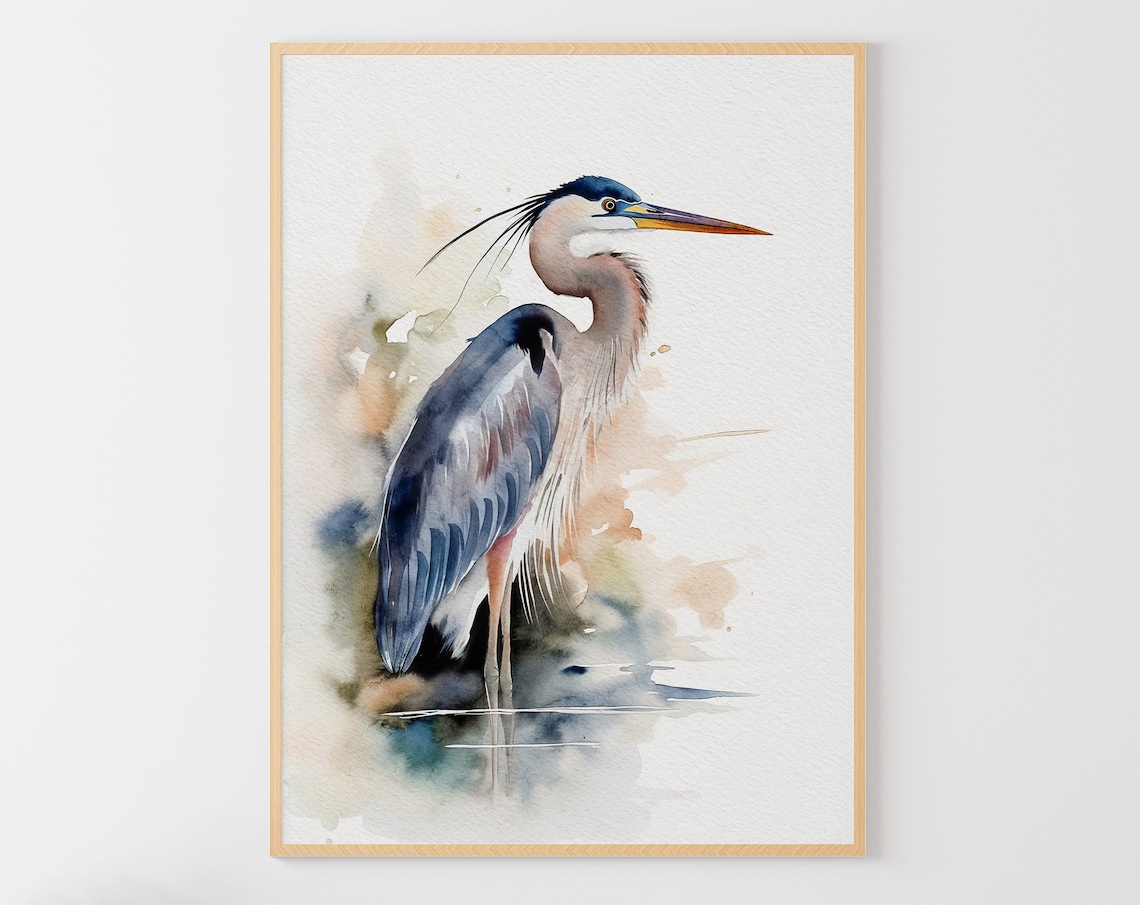 Great Blue Heron Watercolor Bird Art Print, Coastal Poster