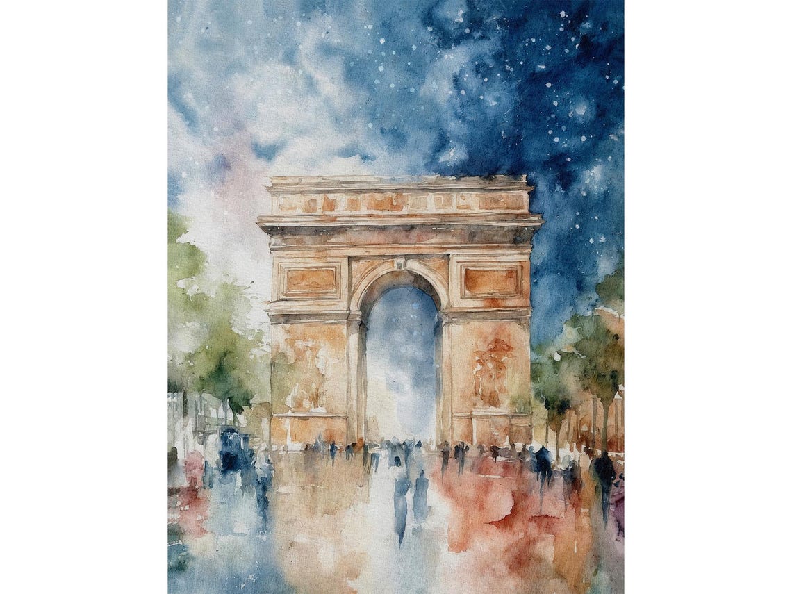 Arc De Triomphe Paris Night Watercolor Starry Sky Cityscape Art Print