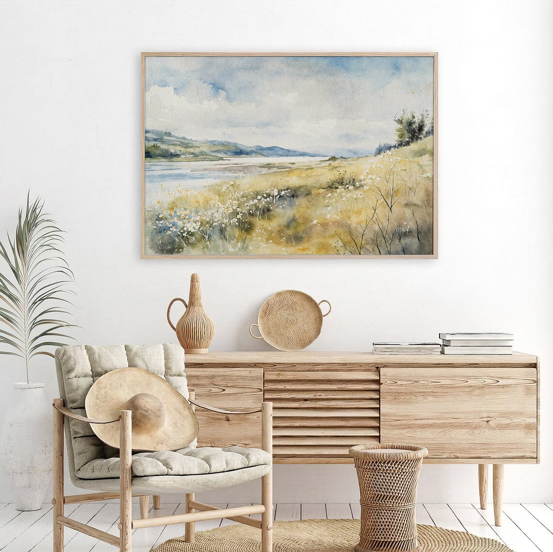 Columbia Gorge River Wildflower Meadow Mountain Watercolor Art Poster - Image 3