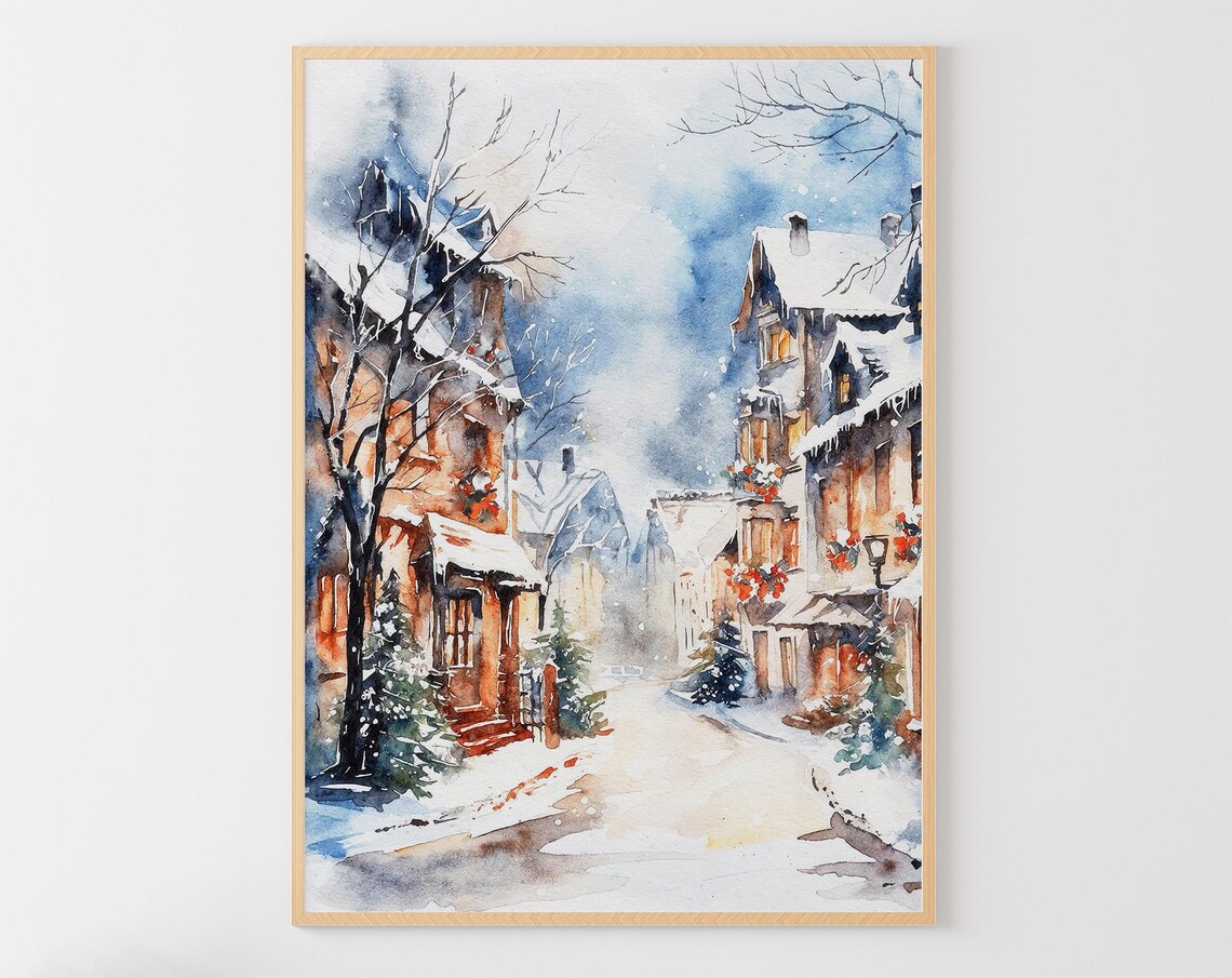 Snowy Christmas Village Street Old Town Winter Watercolor Art Poster