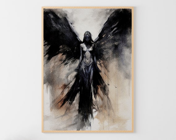 Dark Angel Watercolor Gothic Mystical Art Print