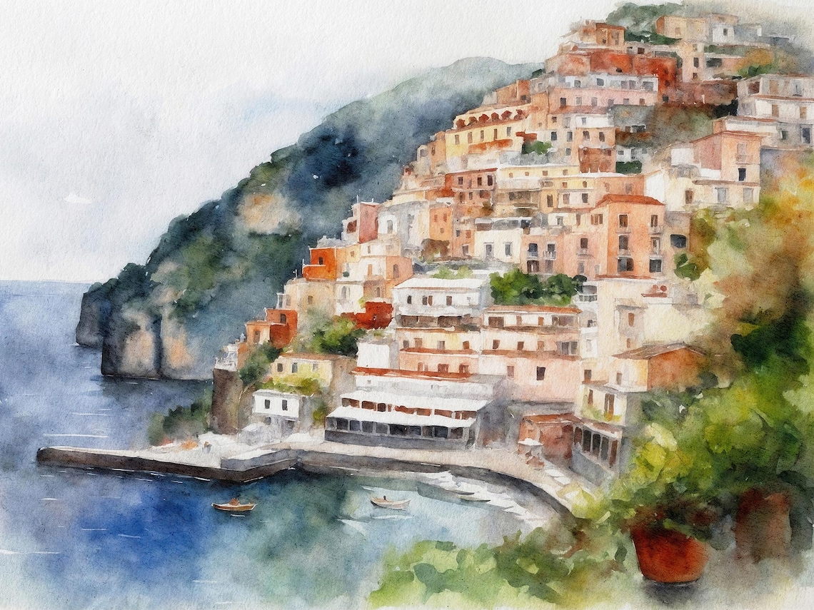 Positano Amalfi Coast Watercolor Village Cliffside Italian Travel Poster