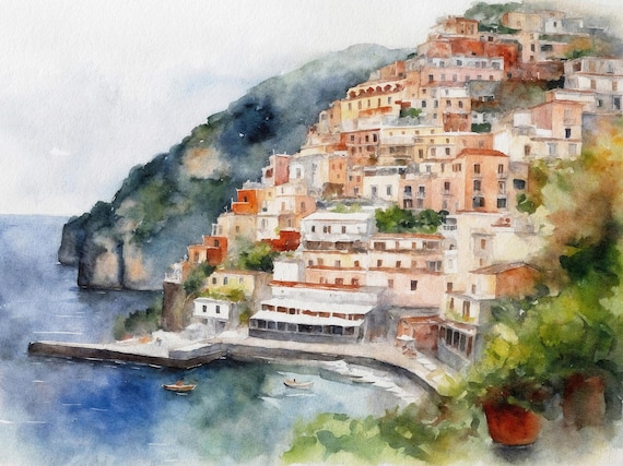 Positano Amalfi Coast Watercolor Village Cliffside Italian Travel Poster