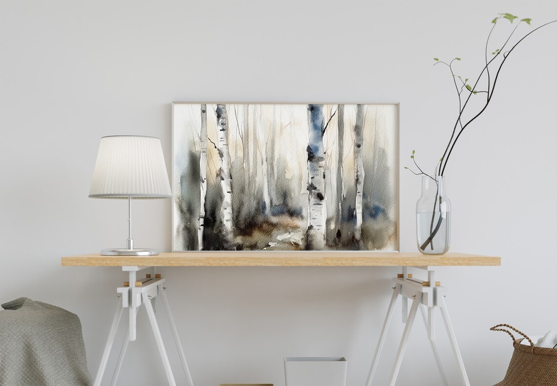 Birch Trees Watercolor Art Print, Misty Forest Landscape - Image 3