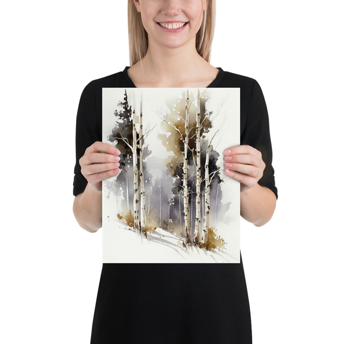 Birch Forest Watercolor Art Print, Winter Landscape - Image 2