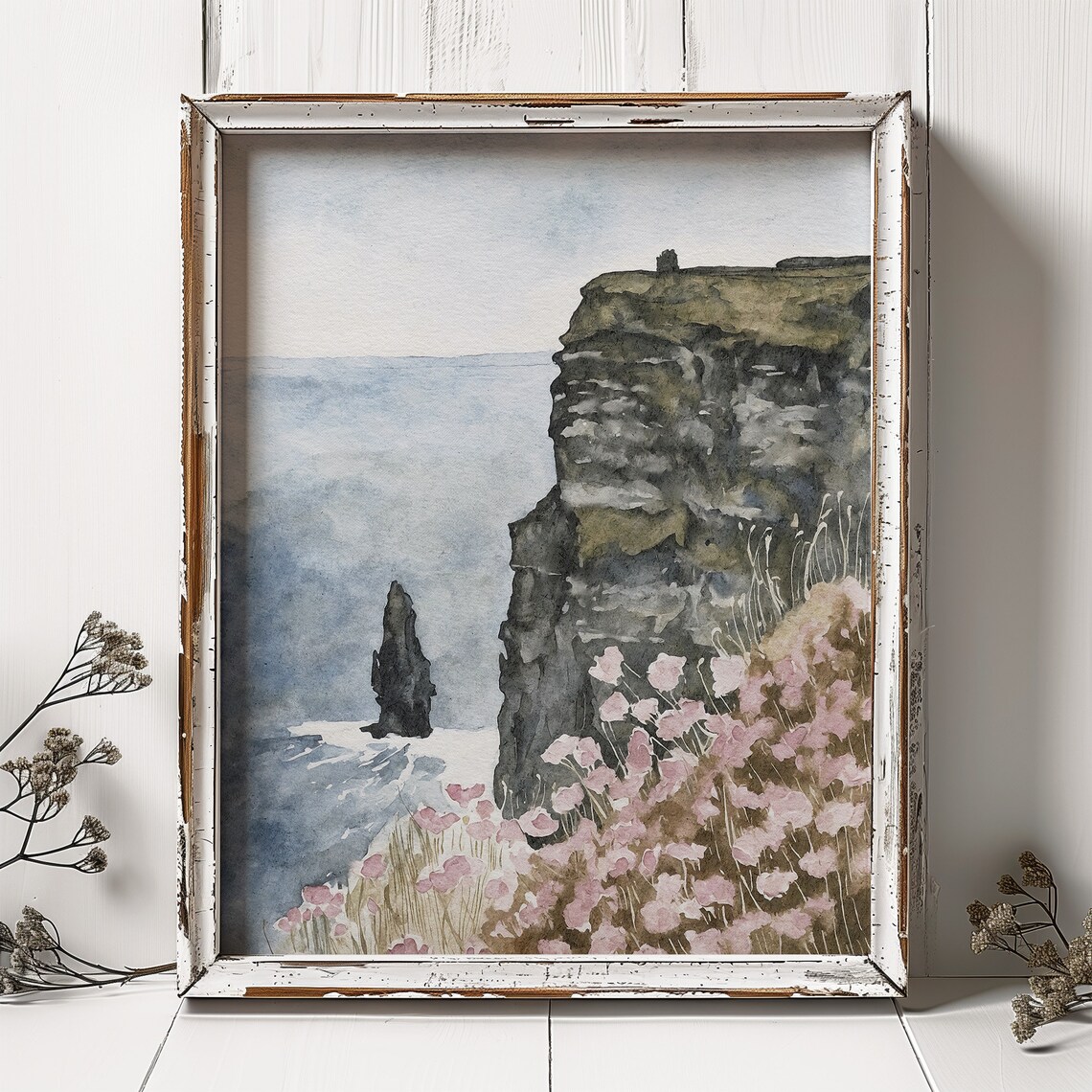 Cliffs Of Moher Sea Stack Pink Wildflowers Watercolor Ireland Art Poster - Image 5