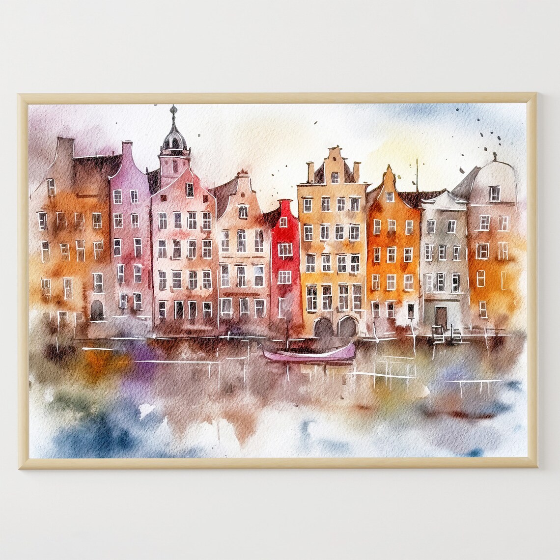 Amsterdam Cityscape Watercolor Travel Poster, Holland