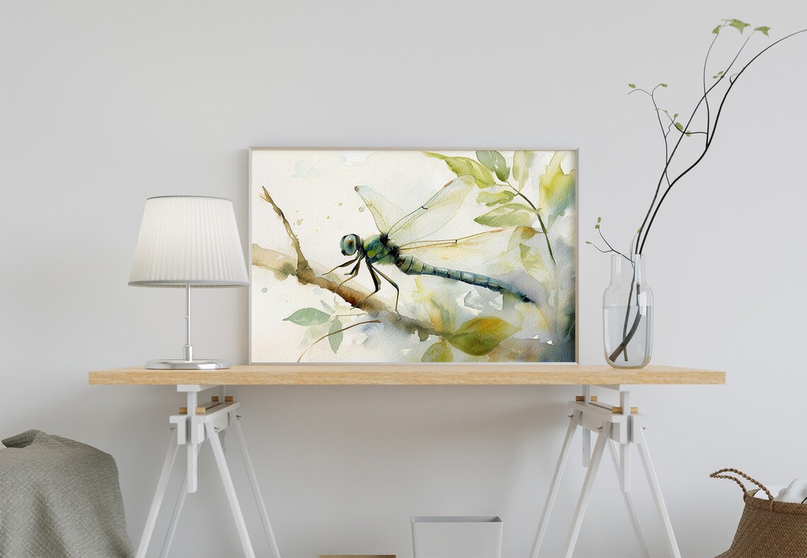 Dragonfly Watercolor Painting on Green Leaves Delicate Insect Nature Art Poster - Image 2
