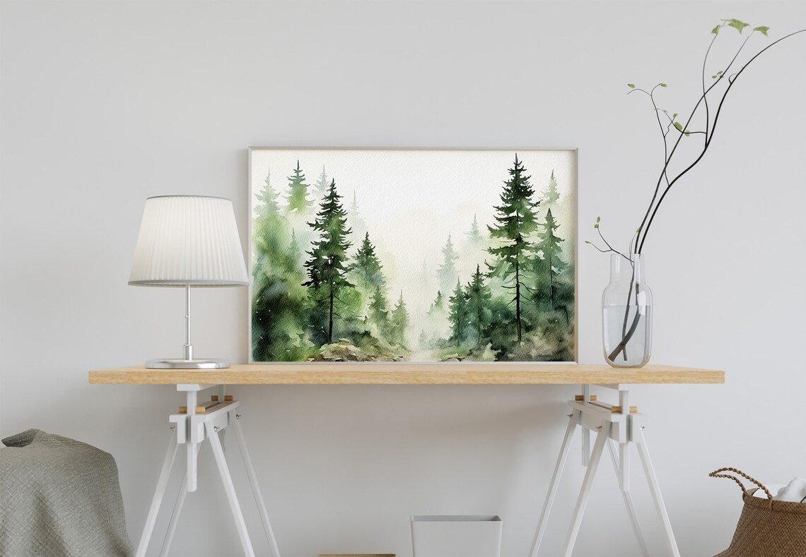 Evergreen Trees Watercolor Art Print, Misty Forest - Image 3